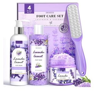 Foot Care 4PC Set Lavender Coconut Scrub Soak and Hydrate Pedicure Relaxation